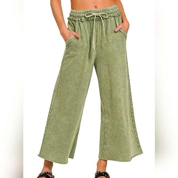 Zenana Mineral Washed French Terry Palazzo Pants with Pockets, Light Olive - Picture 1 of 4